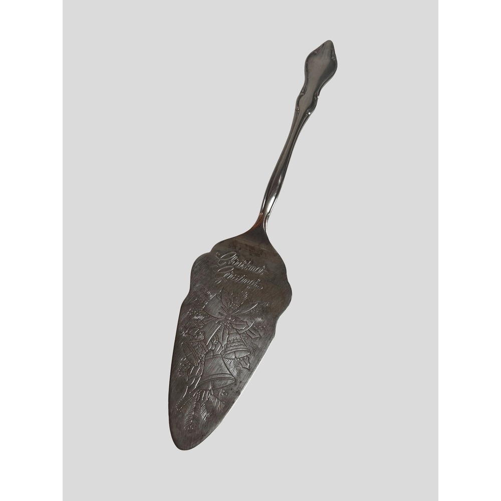 Vintage Christmas Greetings Silver Tone Pie Cake Server Holiday Bells Engraved